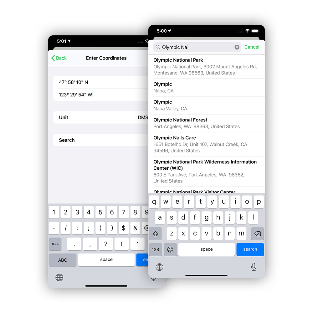 Topo Maps search and coordinate input screen